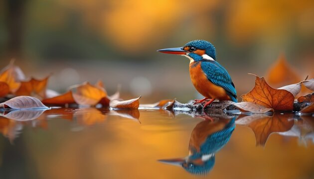 Vibrant kingfisher perches on branch with autumn leaves. Bird reflects in calm water surface. Fall foliage creates warm background. Nature photography captures wild avian beauty.