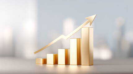 Golden upward arrow against a city skyline background: stock and financial concept