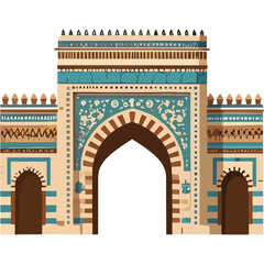 Fototapeta premium Ornate Ancient Egyptian Style Gateway with Intricate Blue and Tan Geometric Patterns Arched Entrance and Crenellated Battlements against a Black Background Digital Art