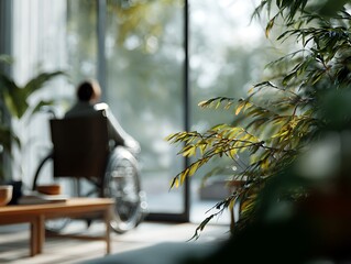 Wheelchair user sitting by large windows with plants in the foreground, symbolizing dementia isolation, orientation loss, and quiet observation in a therapeutic environment