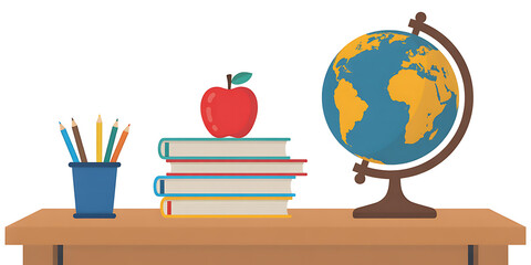 School desk with pencils, books, an apple, and a globe, isolated on white background