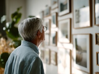 Elderly person examining framed images in a bright gallery-like interior, symbolizing dementia navigation, memory triggers, and cognitive slowing