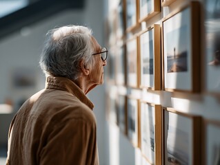 Senior person observing framed photos on a wall, symbolizing memory retrieval, cognitive decline, and dementia-related orientation through visual cues