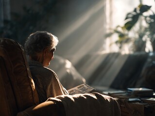 Elderly woman reading in dramatic sunlight, symbolizing dementia progression, memory stimulation, and quiet cognitive engagement