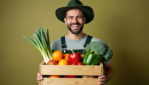 Smiling farmer holds wooden crate with fresh harvest. Man wears hat smiling happily. Fruits and vegetables are in a box. Healthy eco food concept
