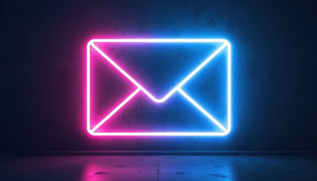 Neon envelope icon glows on textured wall. Blue and pink lights illuminate a modern symbol for digital communication and electronic mail. Modern tech theme.