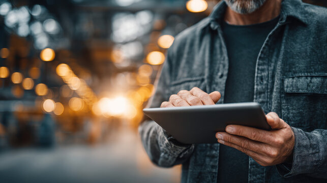 A mature bearded man in a denim jacket is using a tablet in a large industrial building, possibly overseeing operations or managing logistics on the job site.