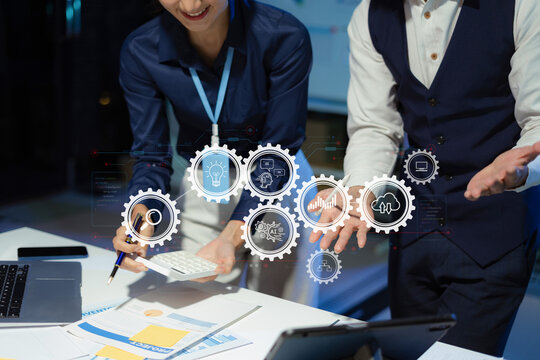 Digital transformation technology strategy, Person using laptop, tablet and smartphone with of things. transformation of ideas and the adoption.