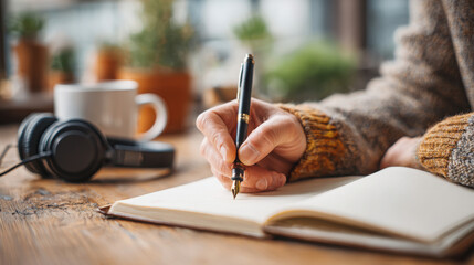 A person is writing in a notebook with a fountain pen on a wooden table next to headphones and a coffee cup near a bright window overlooking plants at home.