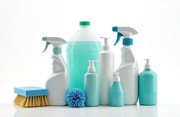 Various cleaning products arranged in studio. Set includes spray bottles liquid soap and other detergents. Household supplies concept for cleanliness and hygiene.