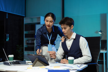 project manager working overtime on startup planning, updating progress milestones, and collaborating with investors for business success.