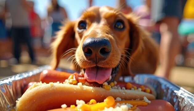 Brown dachshund dog eats hot dogs with enjoyment, tongue out, focused on food in tray. People blurred background outdoors, sunny day, fun event. - Powered by Adobe