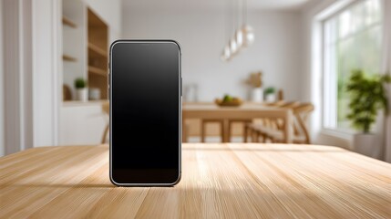 Smartphone on Wood Table in Bright Kitchen