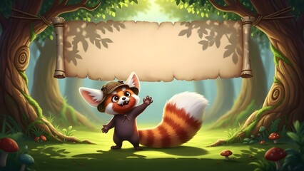 Cute Red Panda Character Waving Under a Blank Scroll Banner in a Fantasy Forest