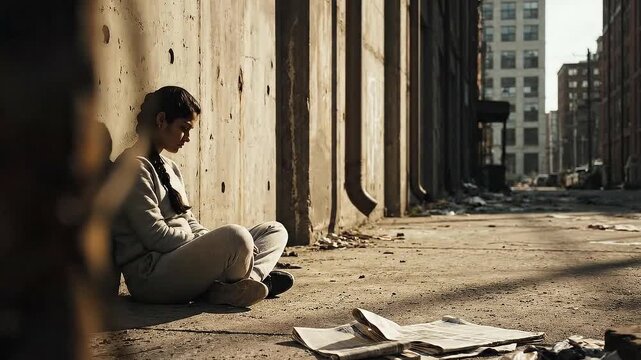 A Young Woman Sitting Against a Grungy Concrete Wall in an Urban Alleyway Surrounded by Debris