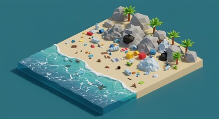 Colorful Low Poly Beach Scene with Rocks Palm Trees and Ocean View