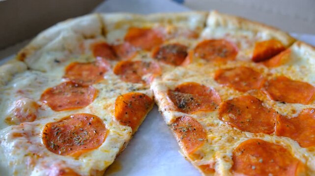 Hot Spicy Pizza with chilli pepper, salami, mozzarella cheese and tomato ketchup,  restaurant food. Homemade Pepperoni 