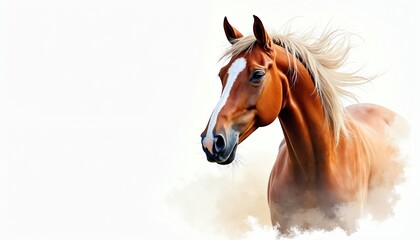 Watercolor illustration of a brown horse. The artwork features a detailed equine portrait with flowing mane and white blaze. Ideal art for equestrian themes animal lovers or farm life.
