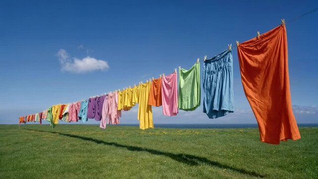 Colorful clothes hanging on a long outdoor washing line under a bright blue sky expressing freshness sustainability slow living sunshine and eco friendly laundry habits for lifestyle and cle