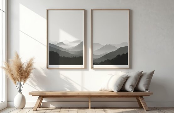 Two vertical frames with mountain landscape art hang above wooden bench with pillows. Dried pampas grass in vase sits by window with sunbeams on floor.