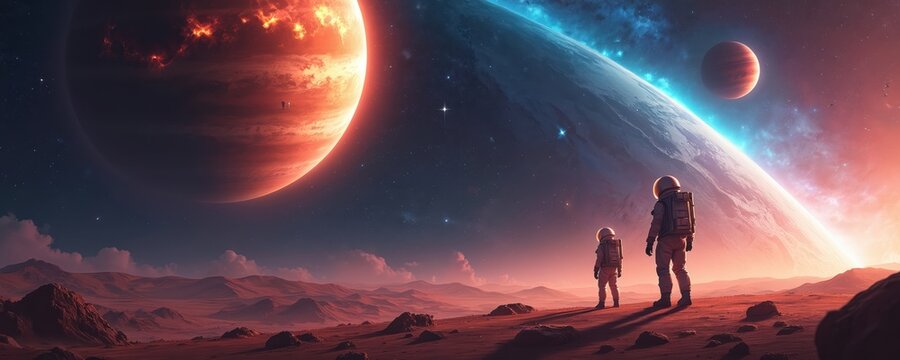 Two astronauts stand on barren alien planet, gazing at giant gas planet and distant star system. Vast, cosmic landscape with red terrain and colorful nebulae. - Powered by Adobe