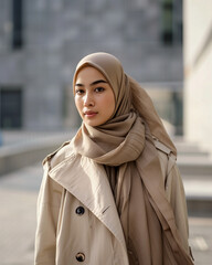 Stylish portrait of a young woman wearing a hijab and beige trench coat in an urban setting