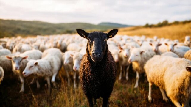 A confident black sheep stands facing the camera among a large white flock at sunset creating a cinematic scene about individuality leadership difference rural farming life and symbolic stor