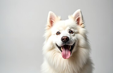 Happy Samoyed dog portrait on white background. Smiling furry pet shows tongue. Studio shot of adorable fluffy puppy. Domestic animal with brown eyes smiles.