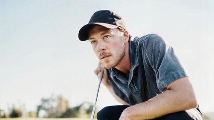 A golfer leans confidently on his club on a sunny course reflecting leisure precision outdoor sport focus and relaxed recreational lifestyle creating a compelling scene suitable for commercial project