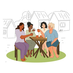 Diverse Group of Four Women Friends Meeting for Coffee. Modern vector illustration of community and female friendship outdoors.