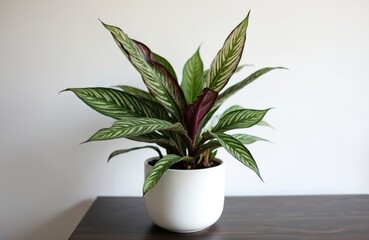 Calathea Makoyana plant in white pot on dark wood table. Green leaves with white stripes and maroon undersides. Minimalist interior decor detail, natural home beauty.