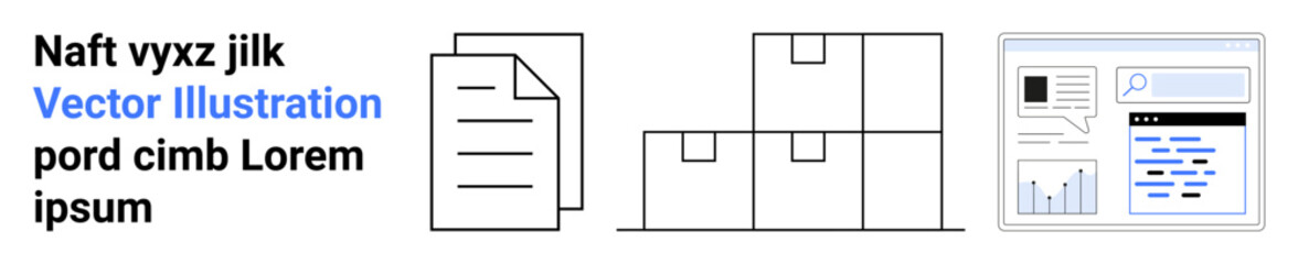 Workflow organization, logistics, productivity, reporting, office tools, data monitoring. Icons of documents, boxes dashboard with graphs. Workflow organization and logistics concept