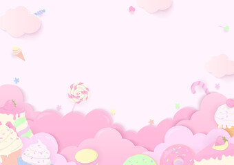 Pastel dessert on pink cloud background
