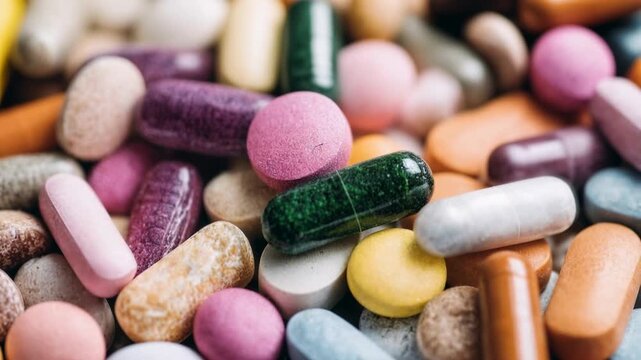 A large macro collection of pills tablets and vitamins showcasing pharmaceutical variety healthcare treatment wellness medicine and scientific research creating a compelling scene suitable for commerc