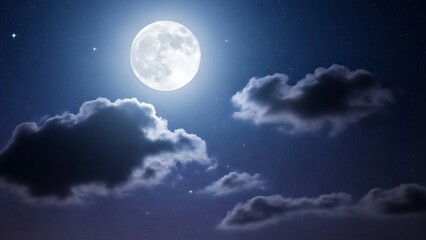 Combined Phrase 1 (Base): Majestic full moon glowing intensely above dark mystical clouds in a deep starry blue night sky background.