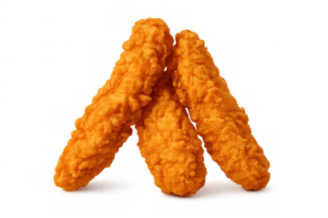 Three golden brown crispy fried chicken tenders, a popular fast food snack or meal for quick convenience, transparent background