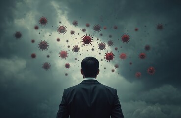 Businessman faces swarm of viruses against stormy sky. Represents business challenges, global pandemic fears, economic uncertainty, health risks, and difficult decisions.