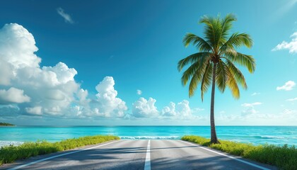 Road leads to sea beach. Asphalt road among green grass palm tree. Bright sunny day blue sky with white clouds. Summer travel journey vacation concept.