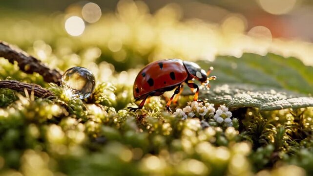 A close-up macro shot of a vibrant red ladybug resting on mossy ground, with a dewdrop reflecting sunlight