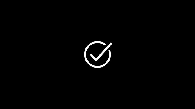 Animated of white check tick mark icon animation on black background. Abstract check mark sign icon, approved icon, select tick icon, confirm icon, approved icon, positive symbol icon.