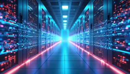 Futuristic server room with rows of data servers behind glass panels. High speed digital lines and bright blue lights illuminate the corridor. Modern data center or Internet service provider facility.