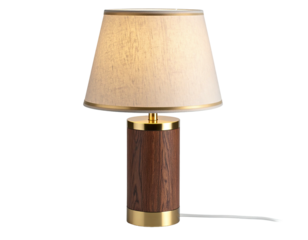 Table lamp wood base, beige shade, golden accents