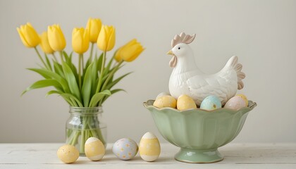 Spring Easter Still Life with Yellow Tulips, Decorative Eggs and Ceramic Hen Bowl on Neutral Background, Fresh Seasonal Home Decor Inspiration