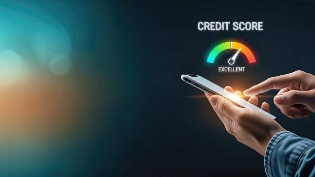 Hand holding smartphone displaying credit score gauge indicating excellent rating, with blurred background creating a modern financial technology atmosphere and emphasizing digital banking concepts