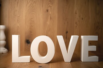 Elegant White LOVE Letters on Rustic Wooden Background for Romantic Decor, Wedding Themes, and Cozy Interior Inspiration