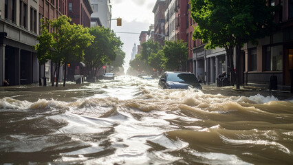 Urban street submerged in floodwaters, a car partially visible amid the surging brown waves