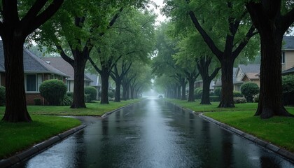 Obraz premium Tree lined street after rainfall with wet asphalt road and green grass lawns. Houses and lush foliage show dampness from the drizzle. Overcast sky adds to somber mood.