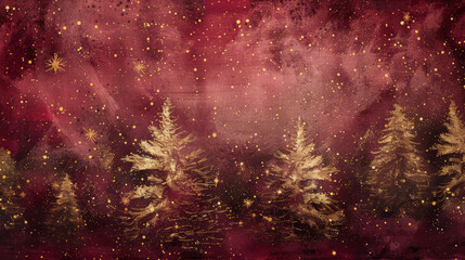 Christmas red background with golden snowflakes, Christmas trees and bokeh. Mockup for festive greeting card. Copy space