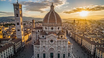 Majestic Florence skyline at golden hour, capturing the iconic Duomo cathedral and Giotto's Bell Tower under a warm, vibrant sunset. A breathtaking Italian city view