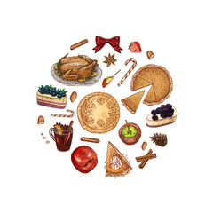 Hand drawn vintage sketch of festive food and holiday desserts with color highlights, round layout composition